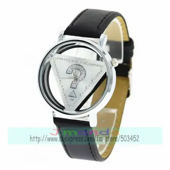 100ks/veľa womage-729 módne Obrátený trojuholník kožené hodinky zábal quartz striebro prípade bežné hodinky otáznik crystal hodinky