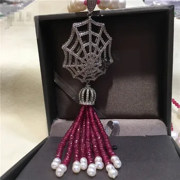Ručne viazané prírodné 8-9mm biela nearl kolo sladkovodné perly červený kameň micro vložkou zirkón strapec náhrdelník módne šperky