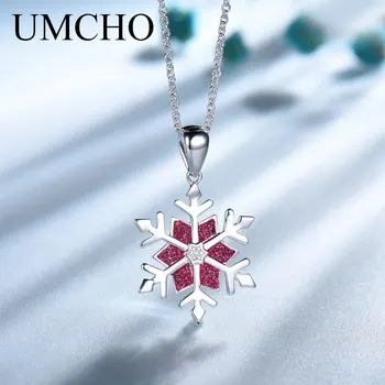 UMCHO Červená Snowflake Prívesky & Náhrdelník Reálne 925 Sterling Silver Náhrdelník Pre Ženy Vianočný Darček Jemné Šperky S Reťazca