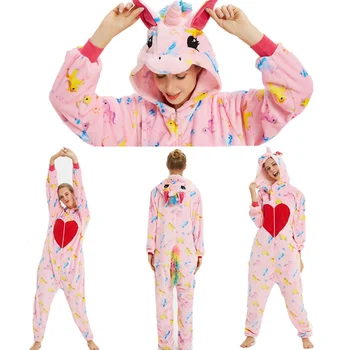 Roztomilý Kreslený Pyžamá pre Ženy Onesies Veľkoobchod Zimné Kigurumi Jednorožec Sleepwear Kapucňou Vianočné Kostýmy Femme Domáce Oblečenie