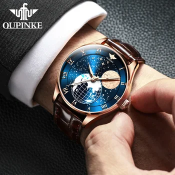 OUPINKE Automatické Mechanické Pánske náramkové hodinky Vodotesné Top Značky Luxusné Fázy Mesiaca Pánske Hodinky Zafír, Koža Montre Homme