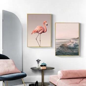 Zviera Flamingo Plátno Na Maľovanie Nordic Kvety Wall Art Seascape Plagát A Tlač Modernej Obývacej Izby, Spálne Dekorácie Obrázok