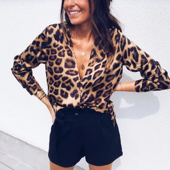 Vogue Ženy Dámy Leopard Tlač Voľné Dlhý Rukáv V Krku Sexy Topy, Blúzky Ženské Módne Košele, Blúzky Vrchné Oblečenie
