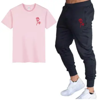 Nový trend značky letné módy bavlna voľné bežné priedušné tričko vyhovuje tlač Rose pánske fitness športové tričko+nohavice 2 Sady