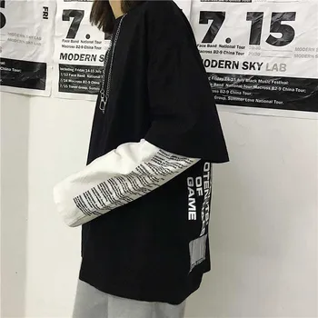 NiceMix Nové žien list tlač voľné falošné dvoch-dielny šitie dlhým rukávom T-shirt
