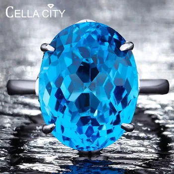 Cellacity Reálne 925 Sterling Silver Krúžky Pre Ženy S 12*16 MM Blue Topaz Krúžok drahého kameňa Akvamarín Zapojenie Jemné Šperky