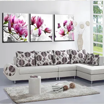 HD Vytlačí Plátno Obrázky Rámec 3 Kusy Wall Art Fialová Ružová Tulipán Kvet Motýle Obrazy Pre Obývacia Izba Domova