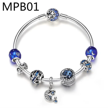 MPB1 Módnej Hviezdy s Mesiacom Kúzlo zliatiny Náramok Modré Crystal Sklenené Korálky, Náramky & Prívesky pre Ženy Šperky Darček