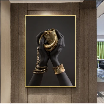Čierna Žena je Ruke S Zlaté Šperky Wall Art Plátne, Obrazy Na Stenu, Plagáty A Vytlačí Pop Art Vytlačí Dekorácie