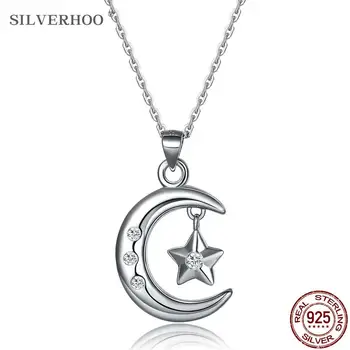 SILVERHOO 925 Sterling Silver Moon Star Prívesok Náhrdelníky Pre Ženy Žiarivý Zirkón CZ Choker Náhrdelník Jemné Šperky Romantický Darček