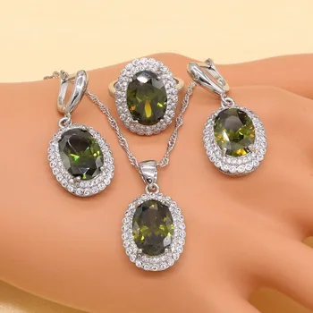 Nové Olivový Zelený Zirkón 925 Sterling Silver Šperky Set pre Ženy, Náramok, Náušnice, Náhrdelník Prívesok, Prsteň Darček k Narodeninám