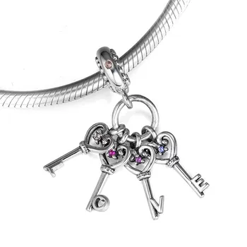 925 Sterling Silver Kľúče Láska Visí zobrazili kľúčové tlačidlá pre Náramky Ženy DIY Zmiešané Farby Kamenné Srdce Kľúčový Prívesok Charm Šperky Robiť