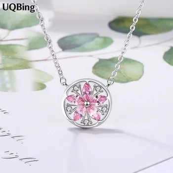 UQBing 925 Sterling Silver Zirkón Ružový Čerešňový Kvet Kvet Prívesok Šperky, Náhrdelníky Golier Colar de Plata