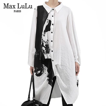 Max LuLu 2019 Kórejský Luxusné Dámske Jeseň Punk Streetwear Ženy Príliš Dlhé Košele Vintage Topy Vytlačené Blúzky Voľné Oblečenie