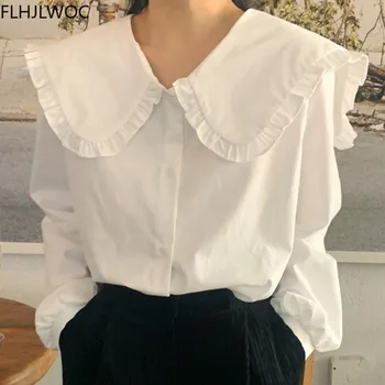 2021 Jar Kórea Elegantné Módne Oblečenie Pre Ženy, Dlhý Rukáv Blusas Pevné Biele Tričko Singel Svojim Tlačidlo Topy A Blúzky