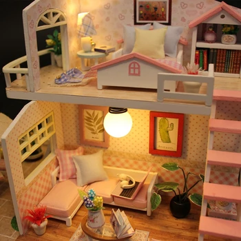 DIY Doll House Drevená Bábika Domy Miniatúrne MINI domček pre bábiky s Nábytkom Súprava s LED Hračky pre Deti Vianočný Darček M033 RUŽOVÁ LOFT