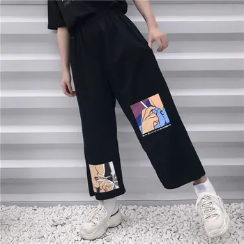 S-XXL príležitostné letné ulzzang Kórea Oblečenie pre Ženy Harajuku voľné písmeno tlačiť t-shirts+Anime tlač širokú nohu, nohavice dvoch dielna sada