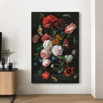 Vintage Kvety V Sklenenej Váze Plátno Plagáty, Obrazy a vzory, Barokové Nástenné Art Obrázky pre Obývacia Izba Domova