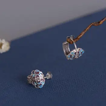 Nový Silver Smalt Modré Náušnice Čínskom štýle retro pivónia kvet malé skupiny dizajn, elegantné, ženské kúzlo, senior brand šperky