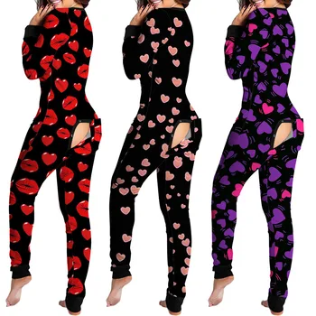 Sexy Ženy Pijamas Onesies Tlač Dlhý Rukáv Tlačidlo Klapka tvaru Odev Dospelých Jumpsuit Pyžamo Femme Sleepwear Romper Mujer o5