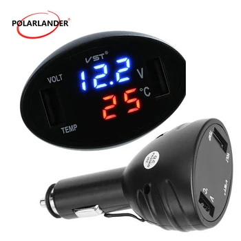Teplota meradla, Digitálny LED 3in1 nabíjačka do Auta dual USB Auto Voltmeter Teplomer Cigaretový Zapaľovač