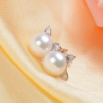 ASHIQI Skutočné 925 Sterling Silver Mačka Stud Náušnice 7-8mm Prírodné Sladkovodné perly pre Ženy & Dievčatá darček