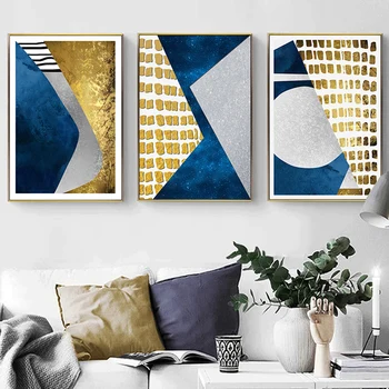 Geometrické Modrá Zlaté Plátno Plagáty a Vytlačí Abstraktnej Maľbe Nordic Štýl obrazov na Stenu pre Obývacia Izba Moderného Domova