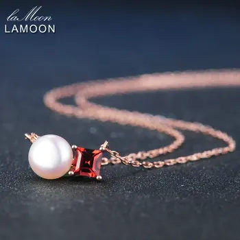 LAMOON Sladkovodné Perlový Náhrdelník Pre Ženy 925 Sterling Silver Šperky Granát Drahokam Prívesok 18K Rose Gold Plated LMNI054