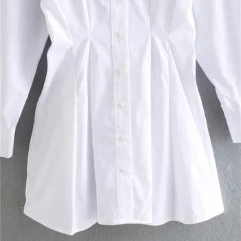 Za 2020 Ženy Biele Tričko Vintage Šaty Dlhé Rukávy Zase Hore Golier Mini Šaty Módne Elastické Tlačidlo Späť Skladaný Pás Šaty