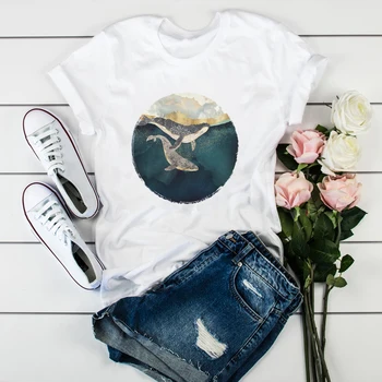 Ženy Veľryba Ryby Roztomilý Umenie Maľba Ladies Dámske Topy Estetické Oblečenie Grafické Žena Lady T-Shirt Tumblr Tričko T-shirts