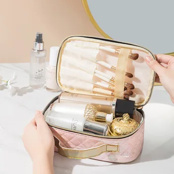 FUDEAM Kožené Argyle Prenosné Ženy Kozmetická Taška Multifunkčné Cestovné Skladovanie Organizovať Prenosnej Taške na Zips, make-up Prípade