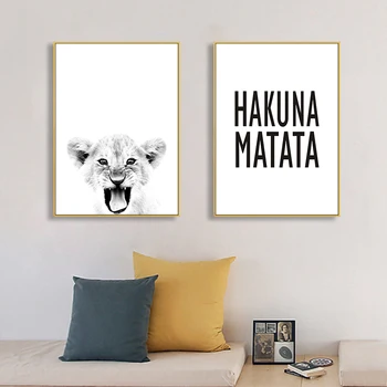 Hakuna Matata Citát Škandinávskych Umelecké Plátno na Maľovanie Dieťa Lev Tlač Wildlife Zviera Čierna Biela Plagát pre Deti Izba Domova