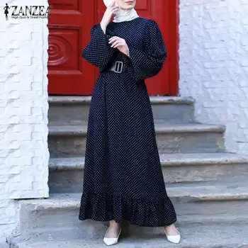 ZANZEA Plus Veľkosť Moslimských Hidžáb Oblečenie Žien Jeseň Sundress Vintage Polka Dot Dlho Vestidos Abaya Dubaj Turecko Volánikmi Šaty