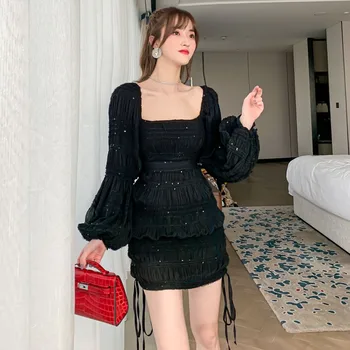 Sexy námestie krku sequin šaty s čiernou dlhé rukávy slim fit zadok