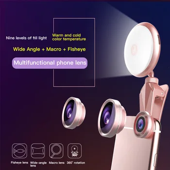 RK19S 9 Úrovní Krásy Vyplniť Svetla s Makro Široký Uhol Fisheye Objektív led Selfie Flash Krúžok svetlo pre mobilný telefón Strieľať 4600K