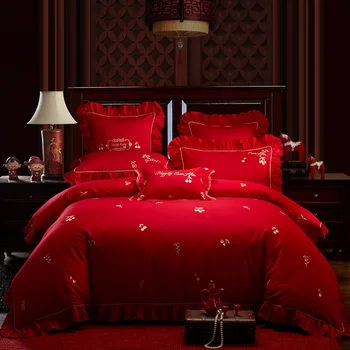 Nové Bavlna Zlaté Výšivky Luxusné svadobné 4/7pcs posteľná bielizeň nastaviť Kráľ Queen size Bed nastaviť Perinu Bedsheet obliečky na Vankúše