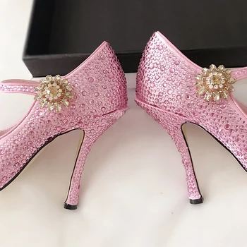 Bling bing crystal dekor svadobné šaty, topánky ženy vysoké podpätky ružový satén ukázal prst drahokamu čerpadlá chaussures femme 2019