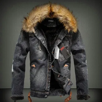 Jeans Bunda, Kabát Tučný Štýl Coats Ázijské Veľkosť M-4XL Jeseň a v zime mužov s kapucňou kožušiny golier plus velvet hrubý denim jacket