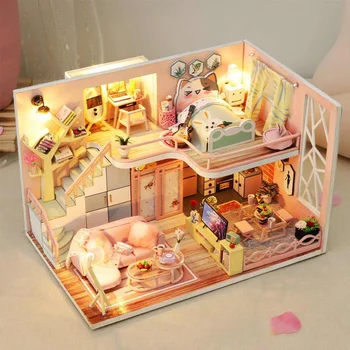 Ručné DIY Drevené Miniatúrne Doll House Montáž Pre Deti Narodeniny Vianočný Darček Bábika Dom so Svetlom Hudby Účinok