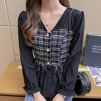 Bežné V-neck tričko ženy dlhým rukávom 2020 jeseň nový kórejský štýl voľné temperament, šitie koberčeky šifón tričko hot predaj