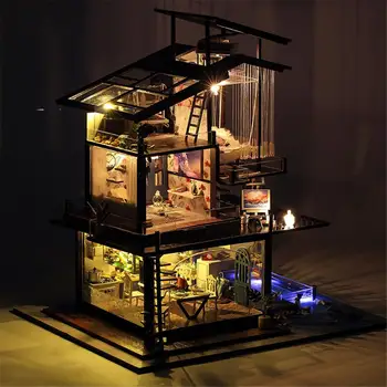DIY Doll House Nábytok Miniatúrny domček pre bábiky Hračky Chata Valencia Pobreží Vily S Hudobným Pohyb Bez Protiprachový Kryt