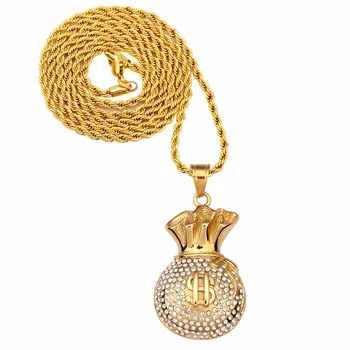 Titánové Ocele Dolára Náhrdelník Crystal Rhinstone Cool Fashion Peniaze Taška Tvar Hip Hop Mužov Šperky