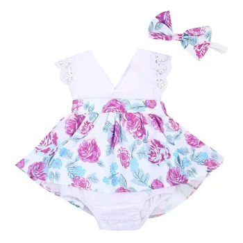 Dieťa, Baby, Deti, Dievčatá Oblečenie kvetov Vytlačené Romper Šaty +hlavový most Oblečenie 2KS baby girl šaty princezná čipky romper