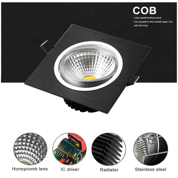 Čierny Štvorec Stmievateľné COB LED Downlight 7W 9W 14W 18W 24W 30W LED Zapustené Stropné Downlight COB LED Spot Light AC90-265V 3000K