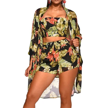 Ženy Oblečenie Boho 3ks Kvetinový Tlač Cardigan Blúzka+Plodín Top+Šortky Lady Holiday Beach Tri Kusy Nastaviť Bežné Šortky Sady