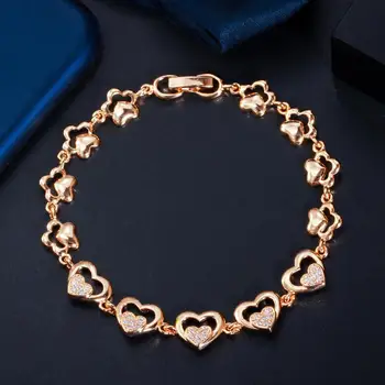 BeaQueen Jemné Dvojité Srdce Dizajn 585 Zlatá Farba Cubic Zirconia Reťazí Náramky Ženy Módne Šperky za Dar B213