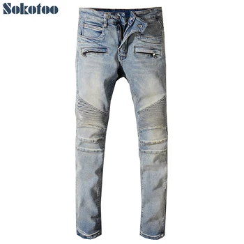 Sokotoo pánske klasické vintage blue denim stretch biker džínsy pre moto Plus veľkosť patchwork slim fit, nohavice