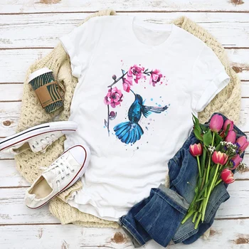 Ženy Grafické Cartoon Vták Maľovanie Kvetinové Módne Letné Tričko Topy Lady Oblečenie T-Shirt Dámske Oblečenie Čaj Ženský T Tričko