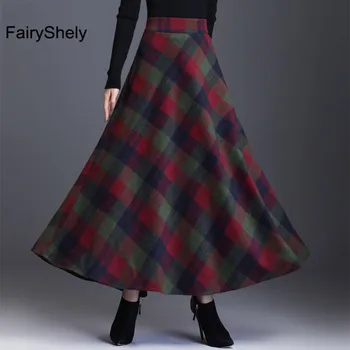 FairyShely 2020 kórejský Vysoký Pás Skladaný Maxi Sukne Ženy Vintage Vrecku Vlnené Plus Veľkosť Sukne ženy Tweed Koberčeky Dlhé sukne