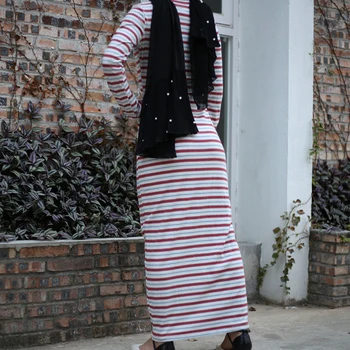 Siskakia Ceruzka Šaty Členok dĺžka Maxi Pruhované Šaty Slim Spodnej Dlho Ceruzka Šaty Ružové Pruhy Dlhý Rukáv Moslimské Oblečenie